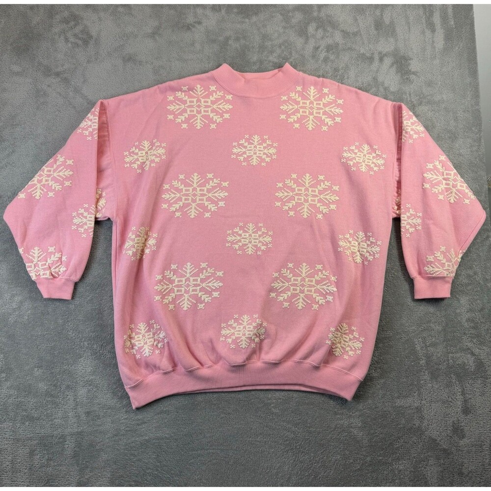 Vintage Amanda Scott Sweater Womens 44 Pink Plus Size Knit Snowflakes Christmas